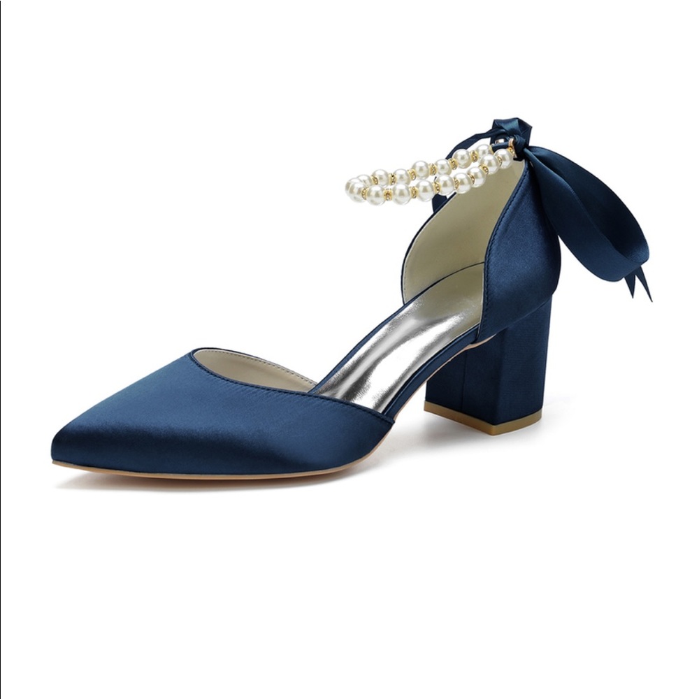 Navy Blue Satin Pump with Pearl Details